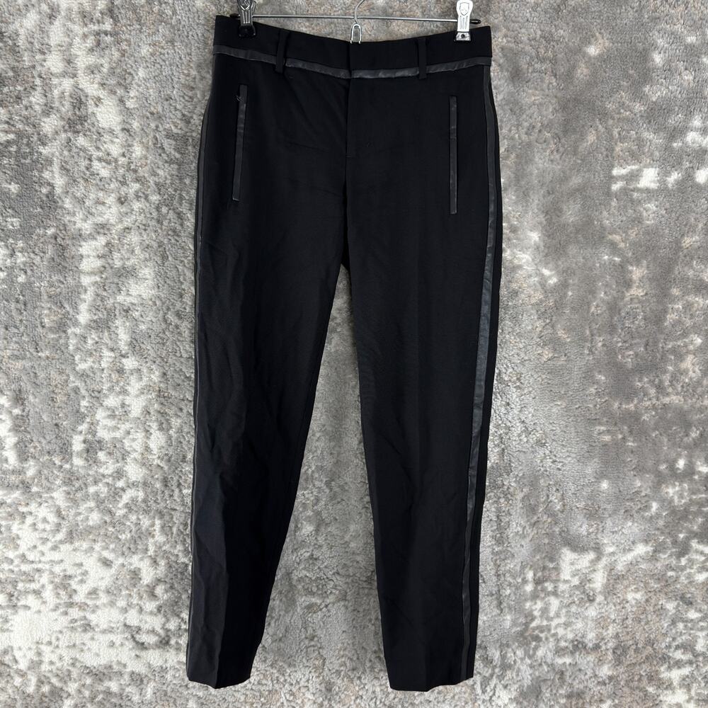 Vince Size 0 Wool Faux Leather Trim Stretch Casual Pants Black Button Zip